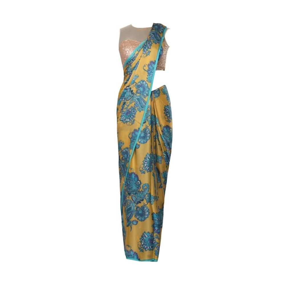 Blue and mustard saree in georgette with floral and paisley  print only on Kalki