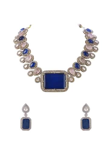 Blue And Pink Necklace Set With Polki Stones In Mix Metal