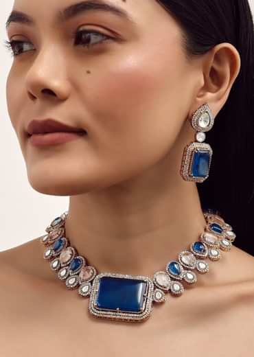 Blue And Pink Necklace Set With Polki Stones In Mix Metal