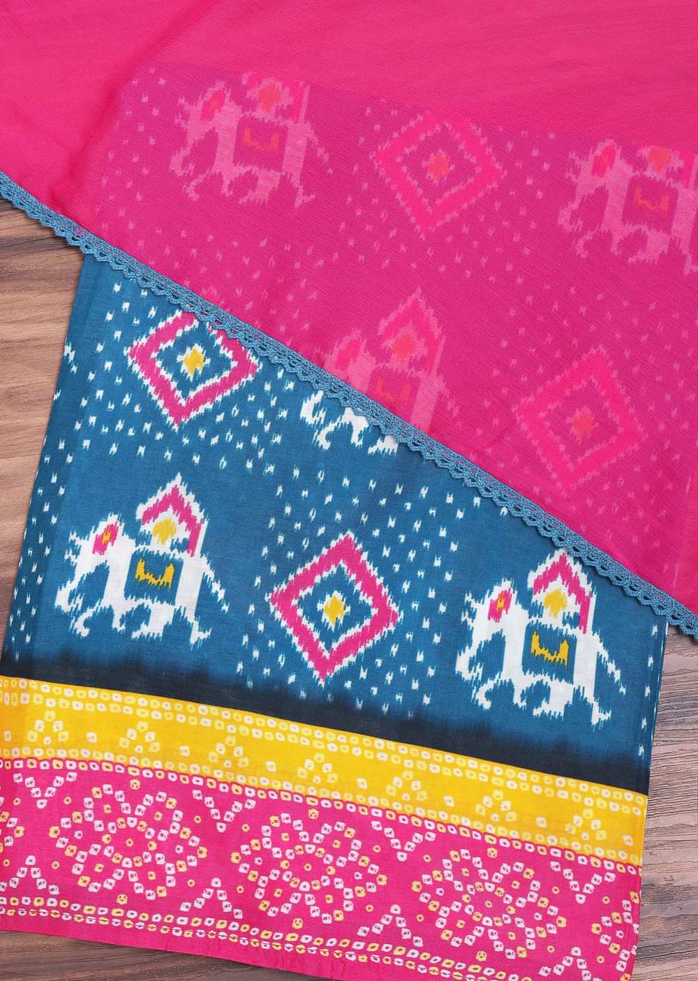Blue And Pink Patola Printed Tussar Dress Material