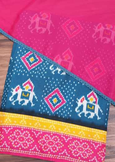 Blue And Pink Patola Printed Tussar Dress Material