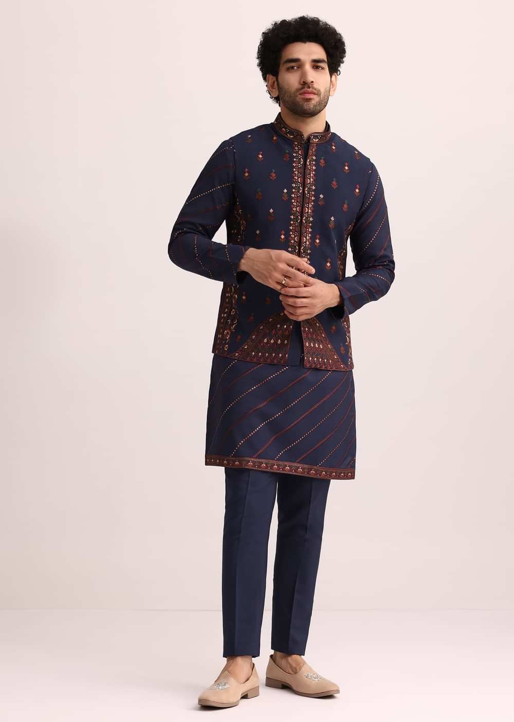 Blue And Red Silk Jacket Kurta Set With Thread Work
