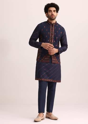 Blue And Red Silk Jacket Kurta Set With Thread Work