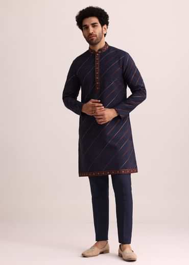 Blue And Red Silk Jacket Kurta Set With Thread Work