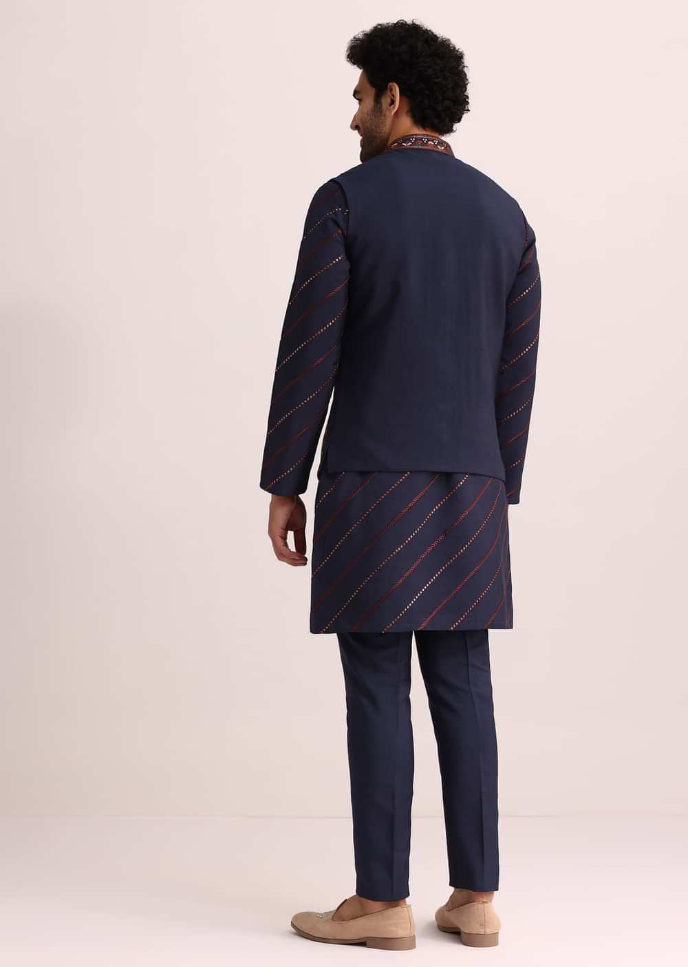 Blue And Red Silk Jacket Kurta Set With Thread Work