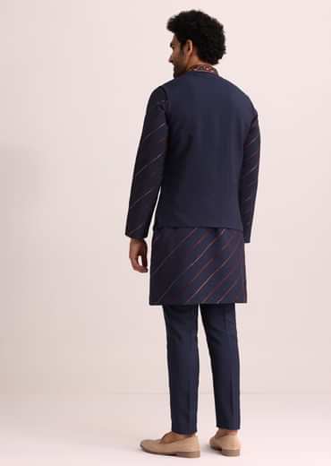 Blue And Red Silk Jacket Kurta Set With Thread Work