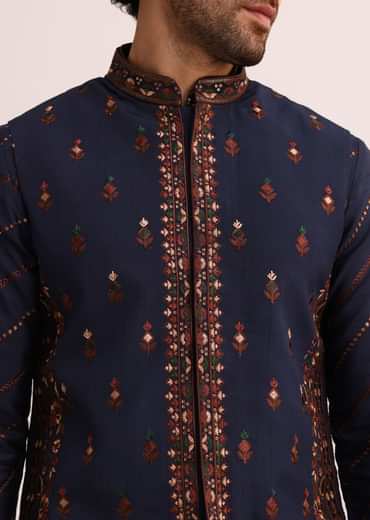 Blue And Red Silk Jacket Kurta Set With Thread Work
