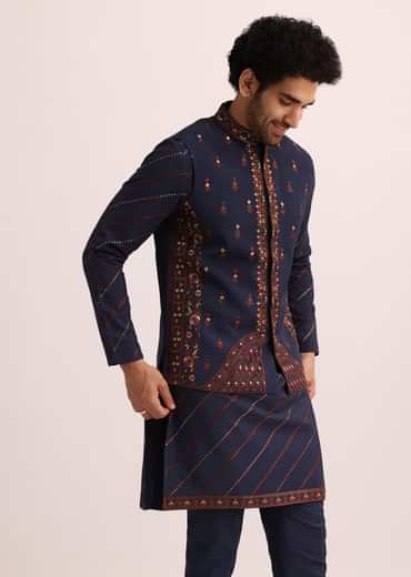 Blue And Red Silk Jacket Kurta Set With Thread Work