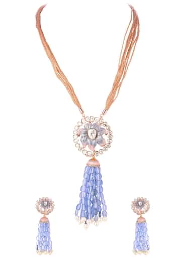 Blue And Rose Gold Finish Necklace Set With Enamel Work