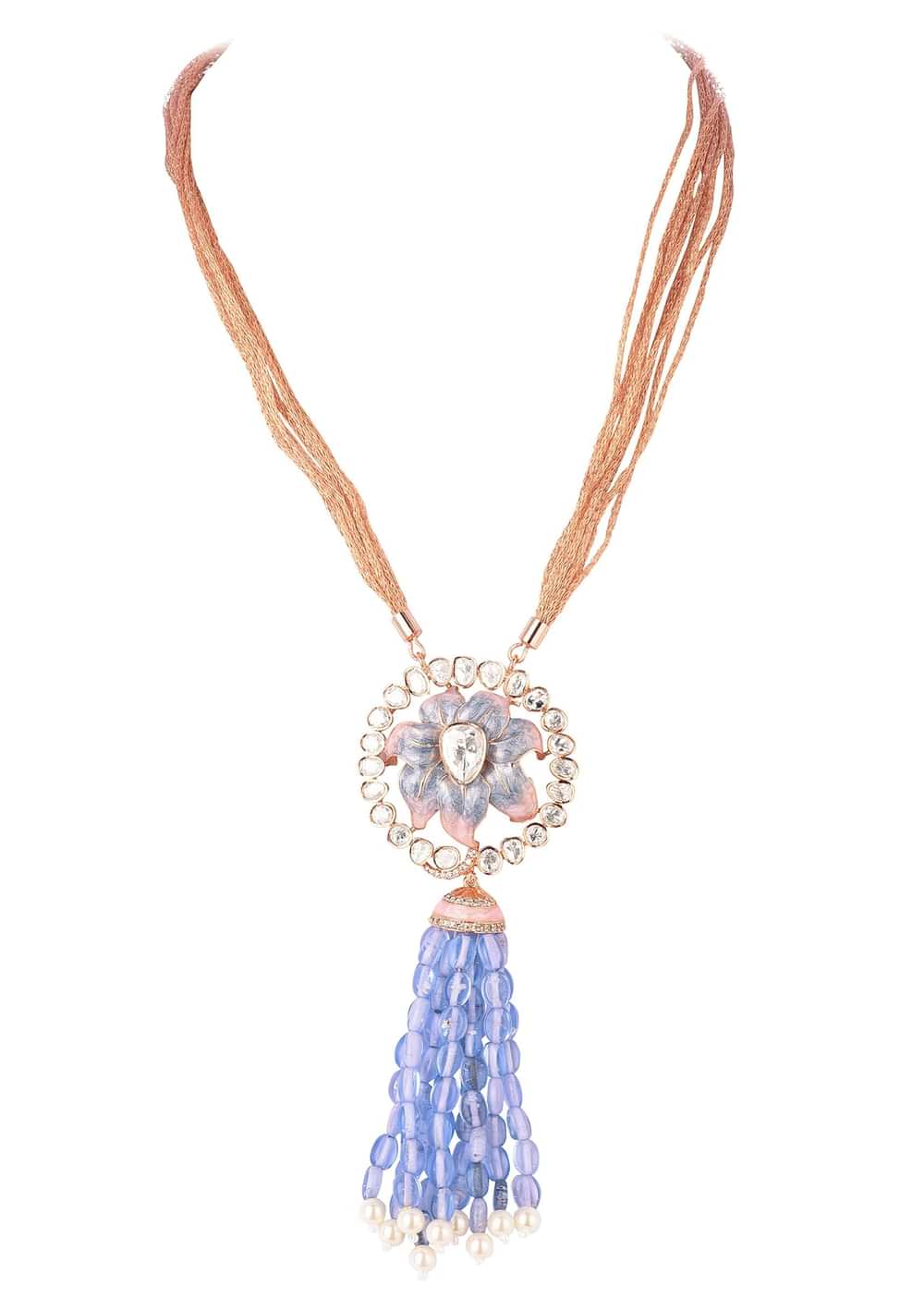 Blue And Rose Gold Finish Necklace Set With Enamel Work