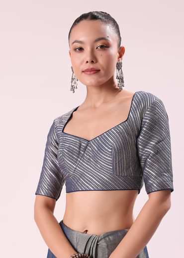 Blue And Silver Half Striped Chanderi Saree Wiith Stitched Blouse