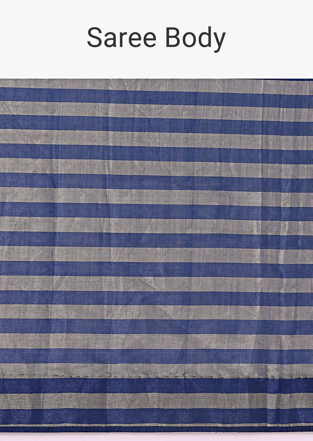 Blue And Silver Half Striped Chanderi Saree Wiith Stitched Blouse