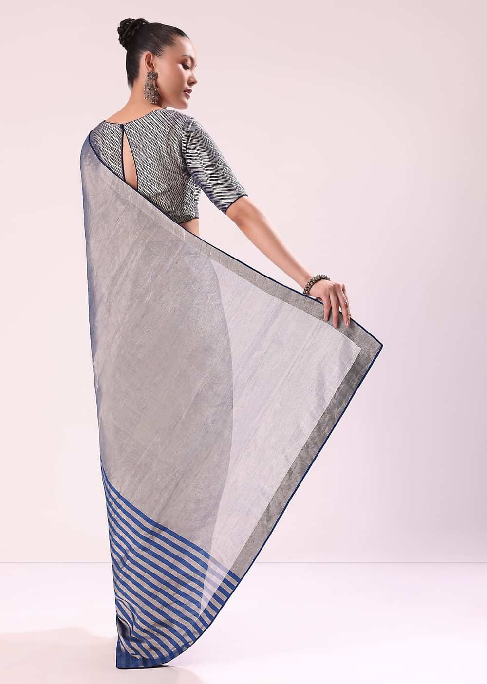 Blue And Silver Half Striped Chanderi Saree Wiith Stitched Blouse