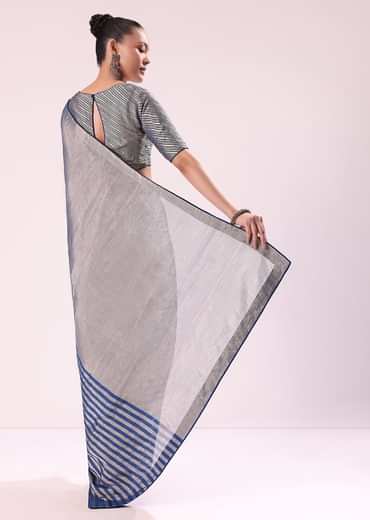 Blue And Silver Half Striped Chanderi Saree Wiith Stitched Blouse
