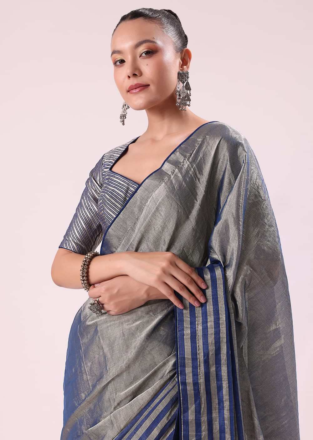 Blue And Silver Half Striped Chanderi Saree Wiith Stitched Blouse