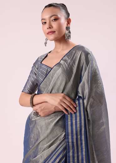 Blue And Silver Half Striped Chanderi Saree Wiith Stitched Blouse