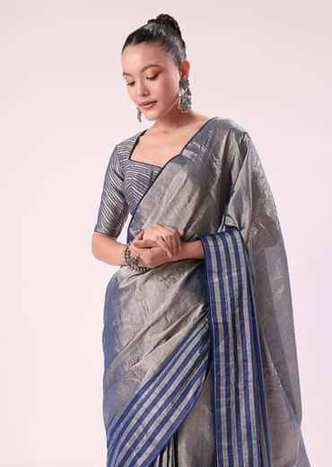 Blue And Silver Half Striped Chanderi Saree Wiith Stitched Blouse