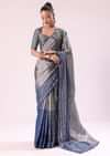 Blue And Silver Half Striped Chanderi Saree Wiith Stitched Blouse