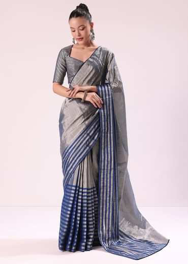 Blue And Silver Half Striped Chanderi Saree Wiith Stitched Blouse