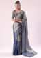Blue And Silver Half Striped Chanderi Saree Wiith Stitched Blouse