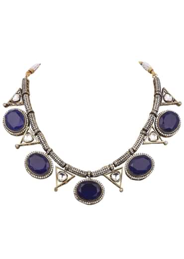 Blue And Silver Kundan Mix Metal Necklace Set