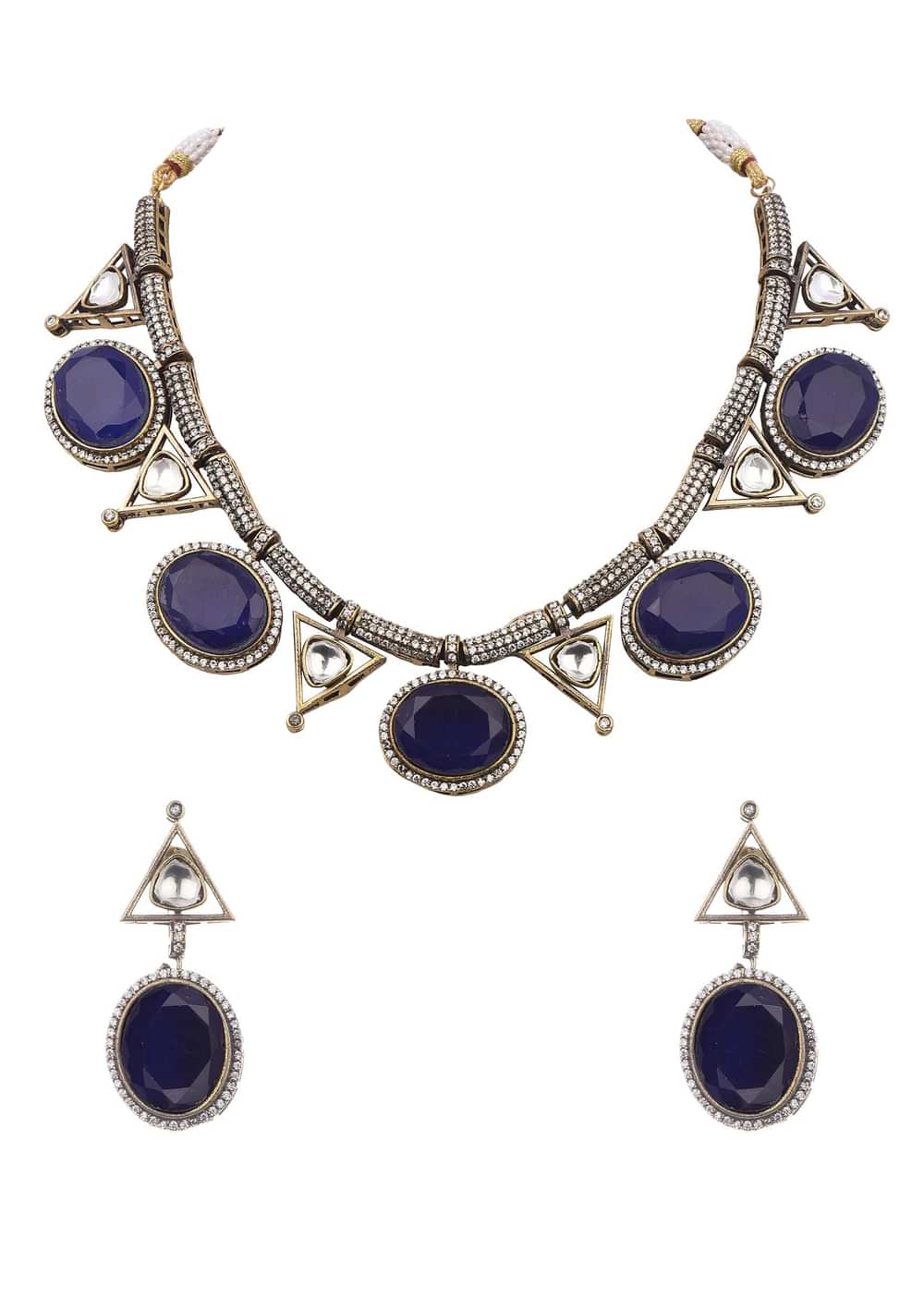 Blue And Silver Kundan Mix Metal Necklace Set