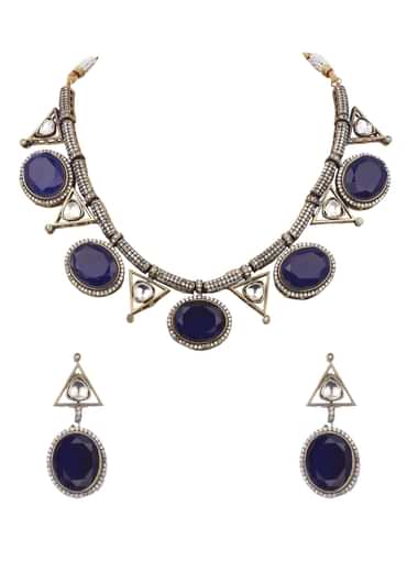 Blue And Silver Kundan Mix Metal Necklace Set