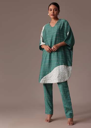 Blue And White Colour Block Print Crepe Co Ord Set