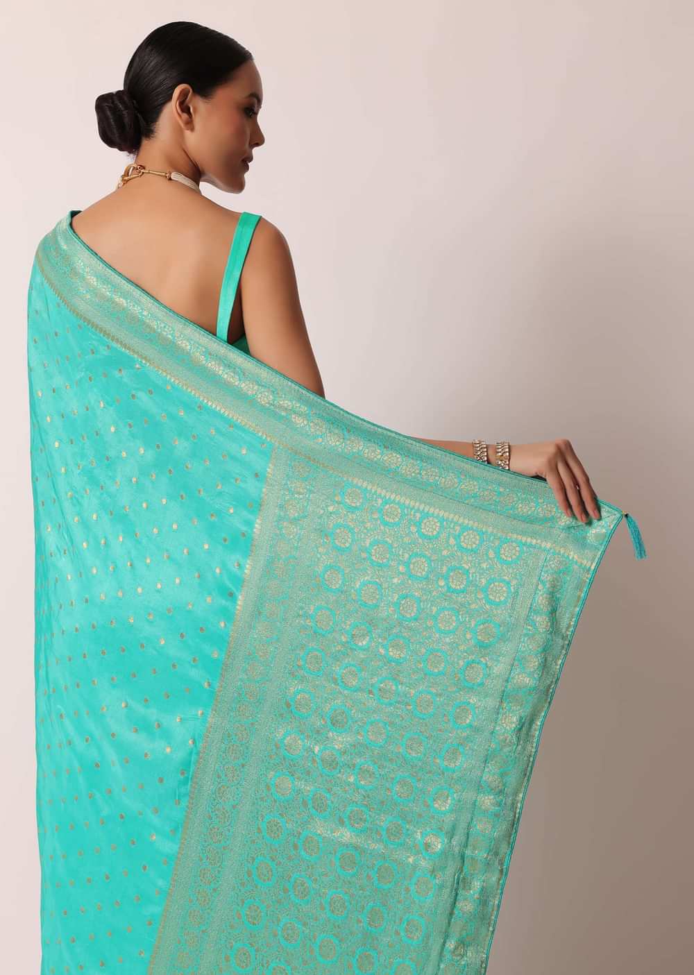 Blue Banarasi Silk Handloom Saree With Gold Zari Work And Unstitched Blouse Piece