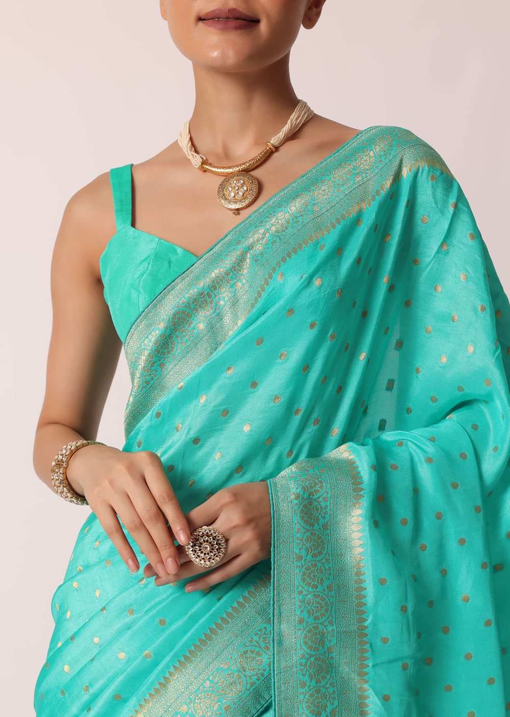Blue Banarasi Silk Handloom Saree With Gold Zari Work And Unstitched Blouse Piece