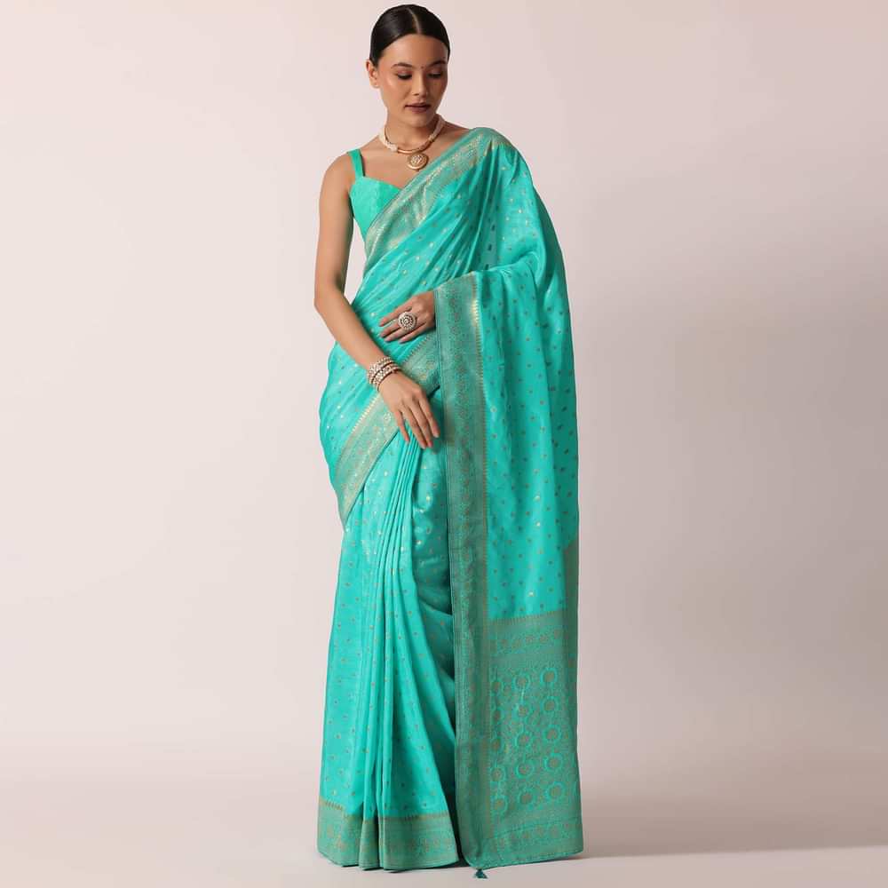 Blue Banarasi Silk Handloom Saree With Gold Zari Work And Unstitched Blouse Piece