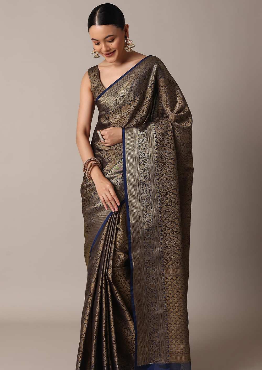Blue Banarasi Tunchui Silk Saree With Gold Work And Unstitched Blouse Piece