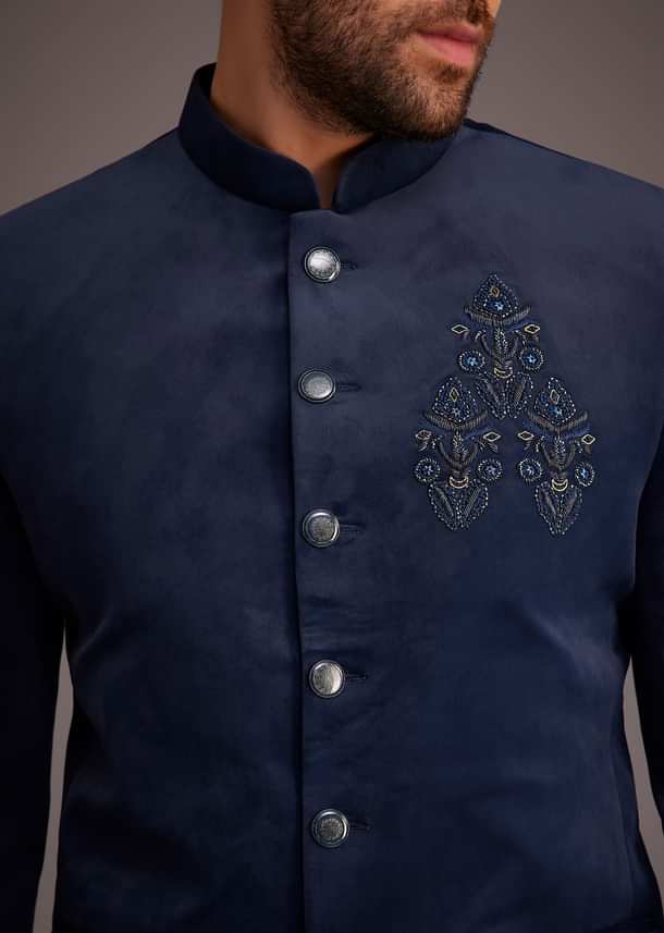 Blue Bandhgala With Embroidered Motif Blue Bandhgala With Embroidered Motif