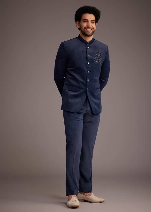 Blue Bandhgala With Embroidered Motif Blue Bandhgala With Embroidered Motif