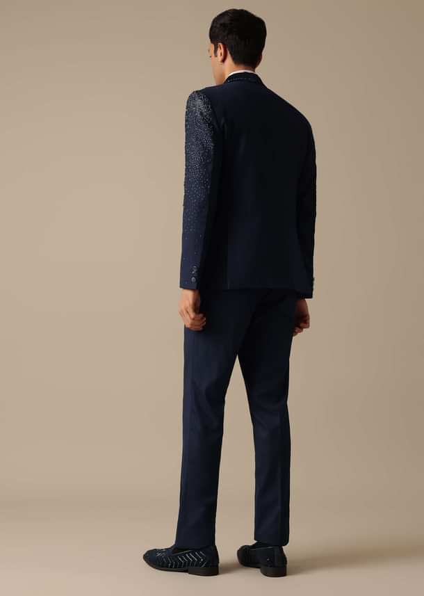 Blue Blazer And Pant Set In Terry Rayon With Cutwork Detail Tuxedo