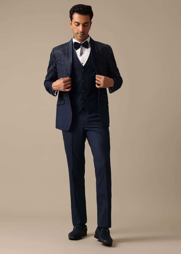 Blue Blazer And Pant Set In Terry Rayon With Cutwork Detail Tuxedo