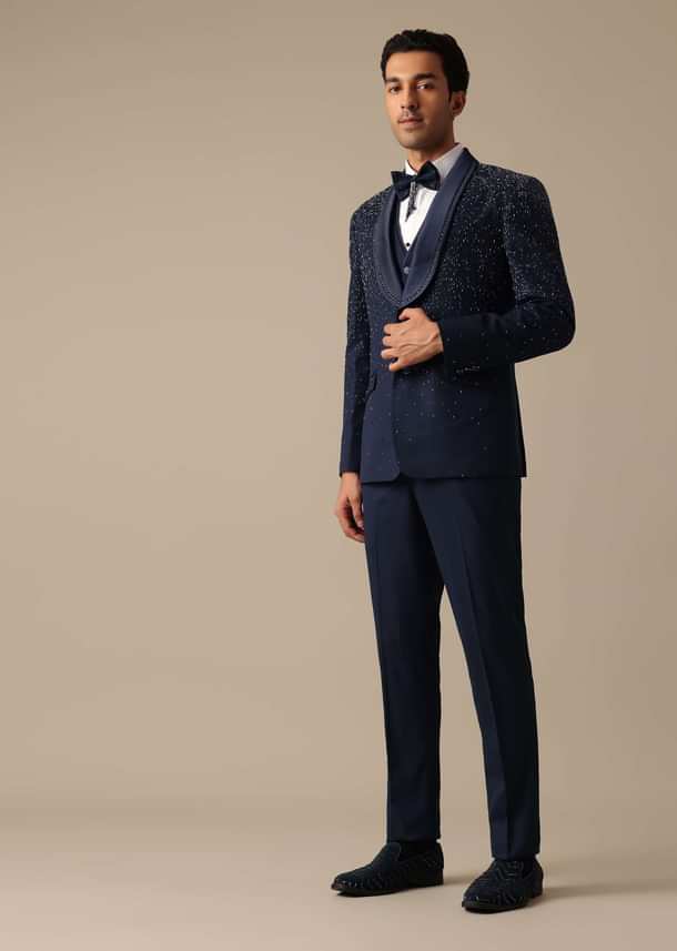 Blue Blazer And Pant Set In Terry Rayon With Cutwork Detail Tuxedo