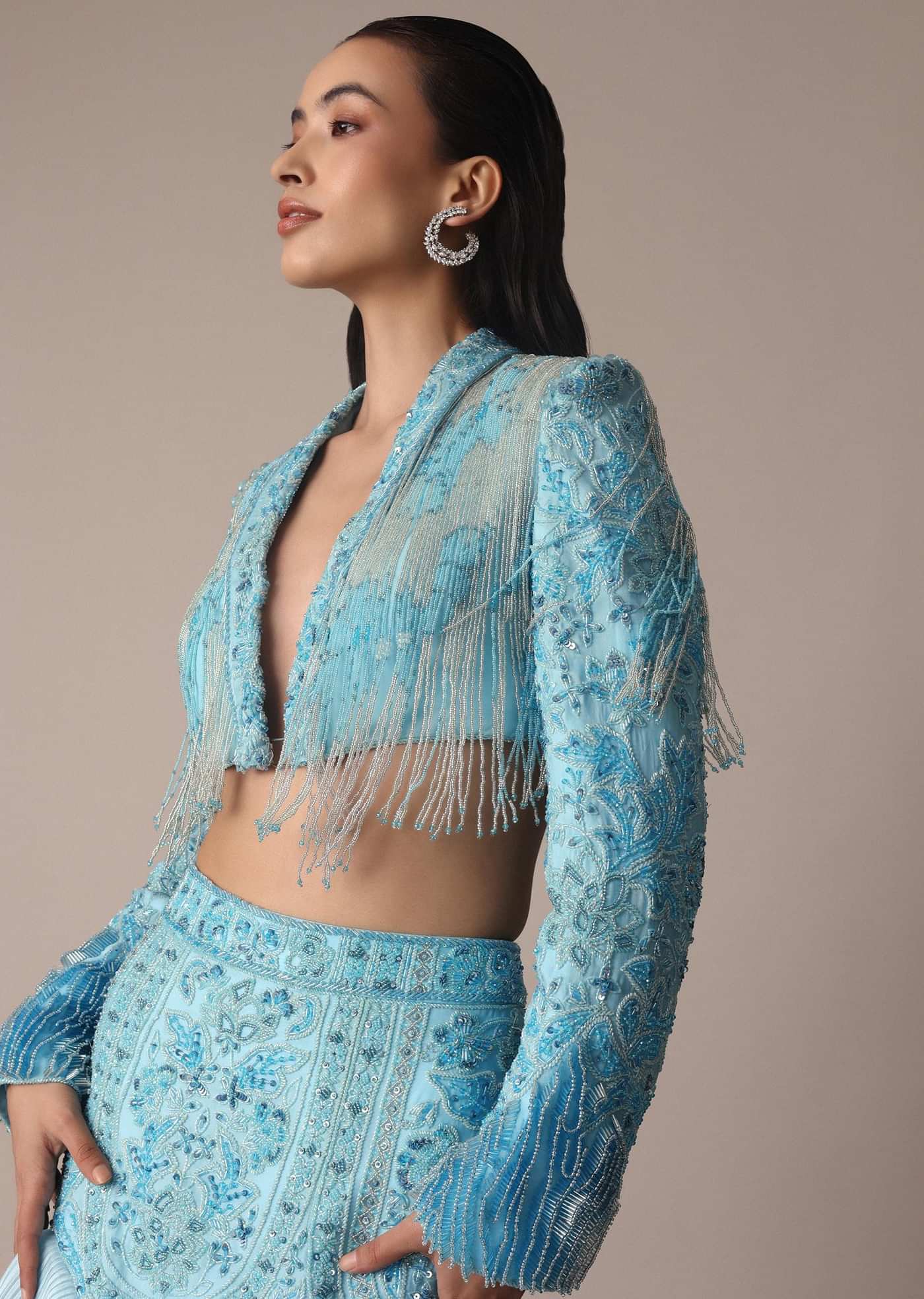 Blue Ombre Organza Fishcut Skirt With Tassel Short Jacket