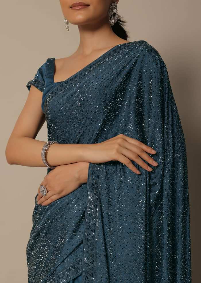 Blue Bliss Satin Saree With Unstitched Blouse