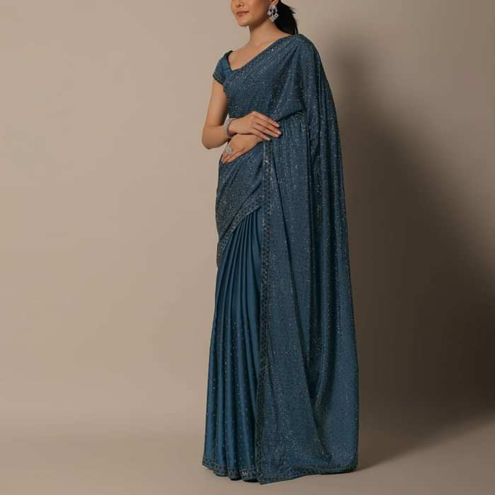 Blue Bliss Satin Saree With Unstitched Blouse