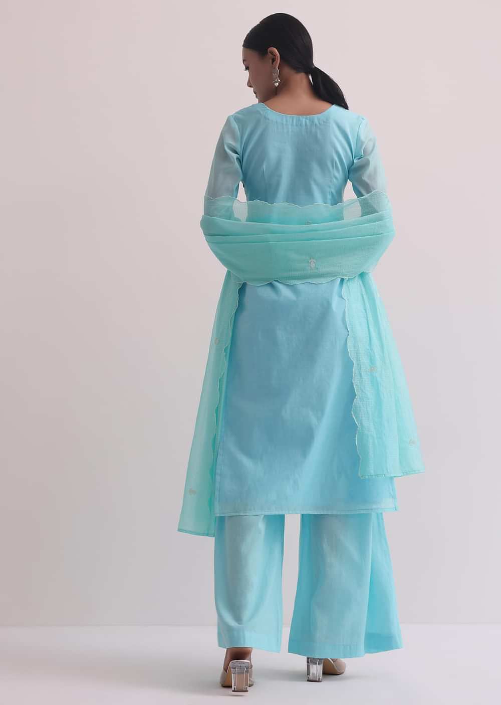 Blue Chanderi Patchwork Palazzo Set With Lace Trims