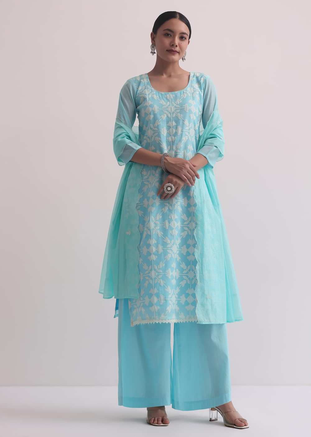 Blue Chanderi Patchwork Palazzo Set With Lace Trims