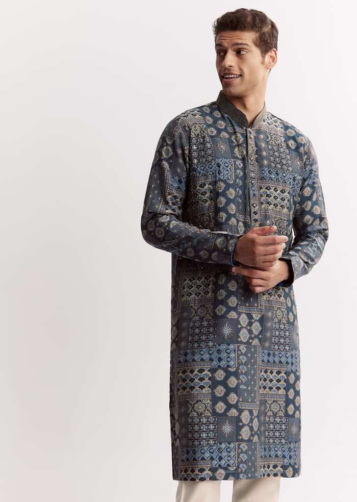 Blue Chanderi Printed Kurta Set With Stone Sequins And Cutdana