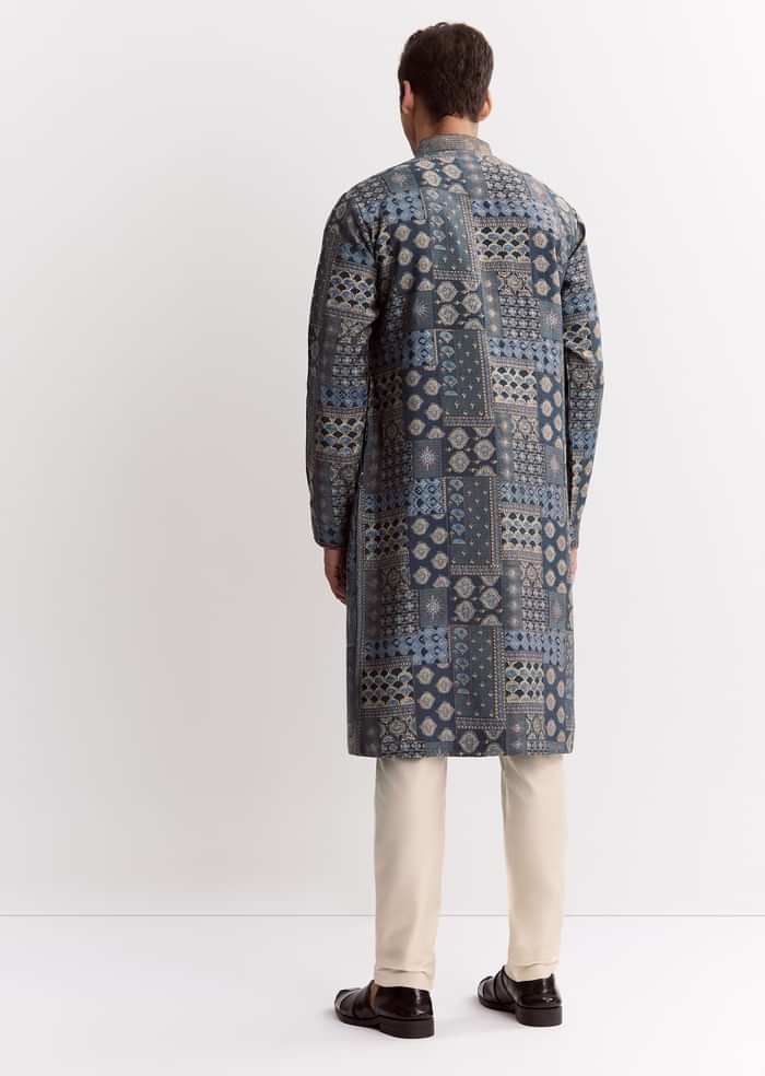 Blue Chanderi Printed Kurta Set With Stone Sequins And Cutdana
