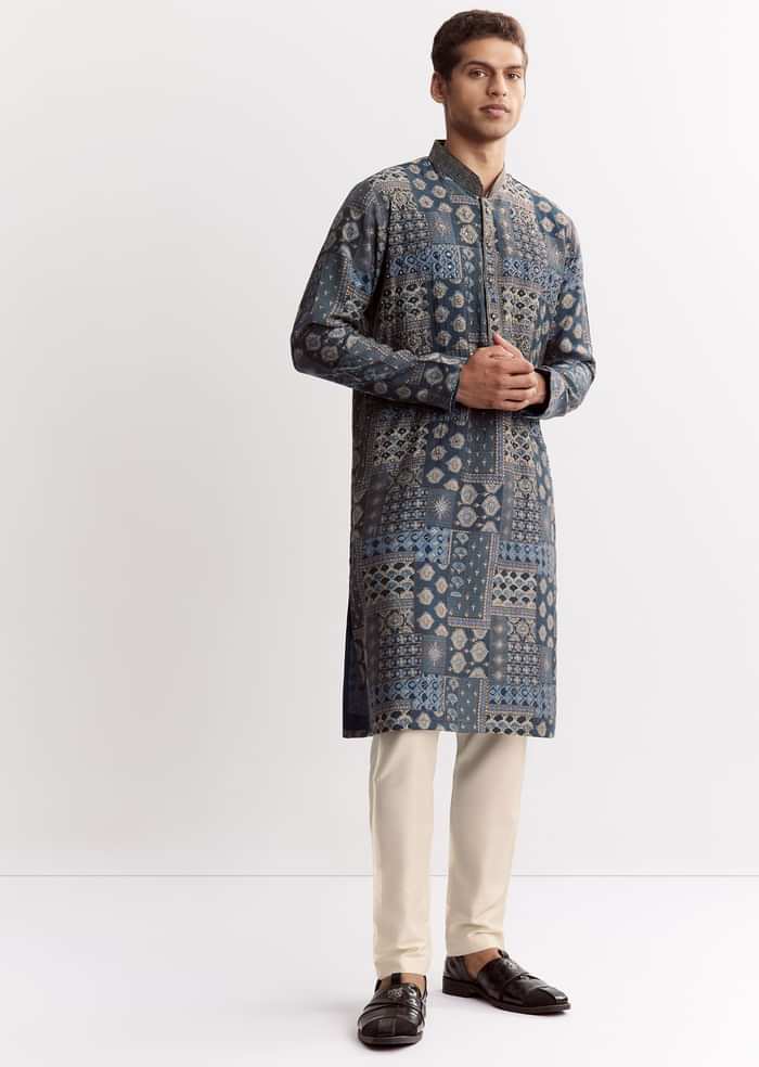 Blue Chanderi Printed Kurta Set With Stone Sequins And Cutdana