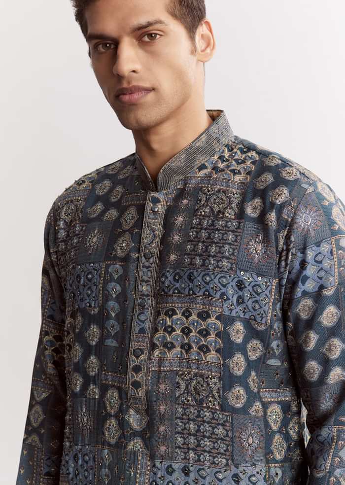 Blue Chanderi Printed Kurta Set With Stone Sequins And Cutdana