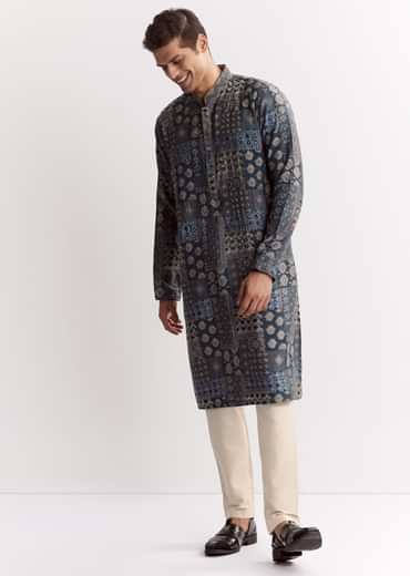 Blue Chanderi Printed Kurta Set With Stone Sequins And Cutdana