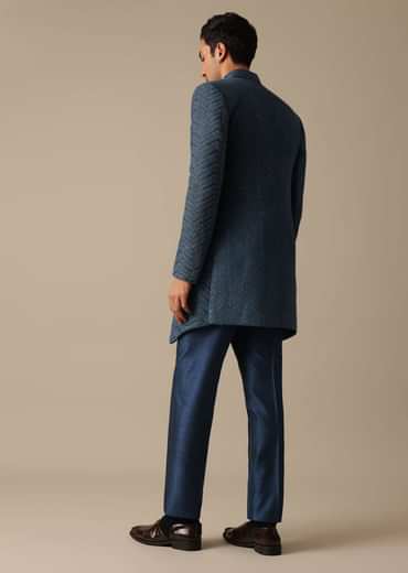 Blue Chanderi Silk Indowestern Fusion Jacket Set