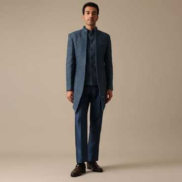 Blue Chanderi Silk Indowestern Fusion Jacket Set