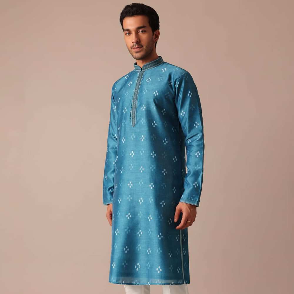 Blue Chanderi Silk Printed Kurta Set With Embroidered Detail